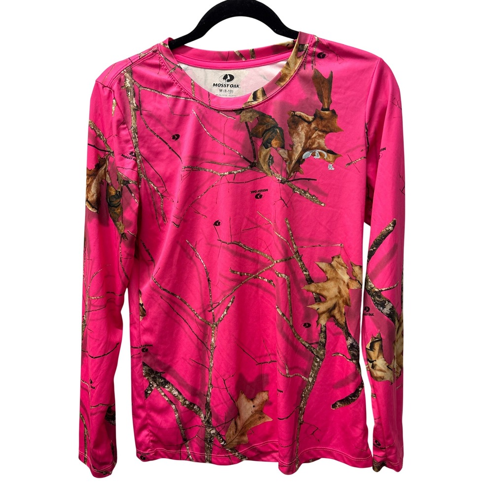 Mossy Oak Pink Camo Long Sleeve Performance Shirt Womens Medium 8-10 Crew Neck